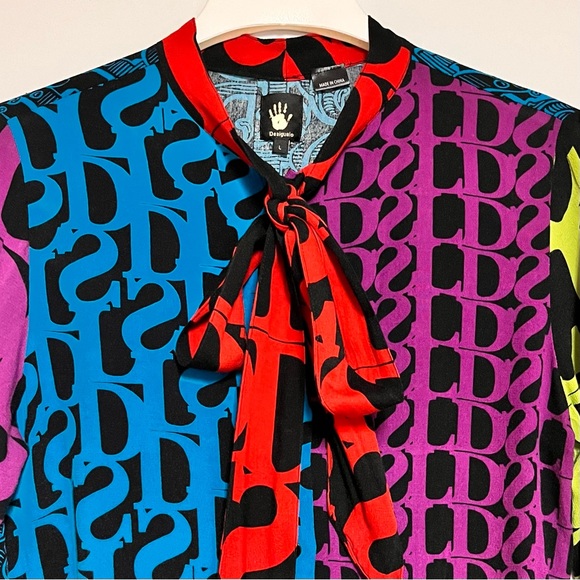 Desigual Logomania Blouse Womens Medium P-Bow Colorful Bold Print Lacroix Artsy - Picture 6 of 16
